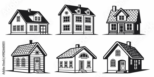 Set of detached house icons in black and white architectural style with real estate architecture residential buildings property suburban exterior construction illustration monochrome