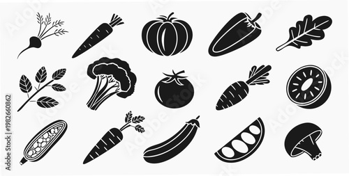Organic vegetable and fruit icons collection featuring fresh garden produce vegetables nutrition broccoli mushroom eggplant ingredients vegetarian agriculture silhouette wholesome