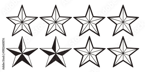 Collection of decorative five pointed nautical stars in various black and white designs with nautical collection decoration geometric minimalist illustration graphics elements decorative
