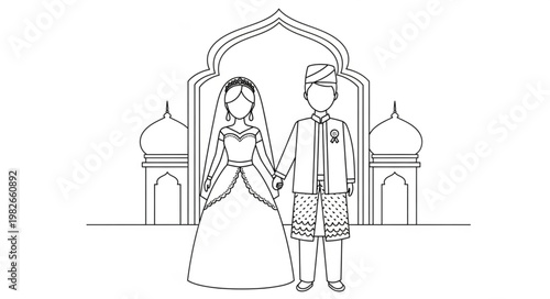 Wedding couple holding hands in front of an archway.