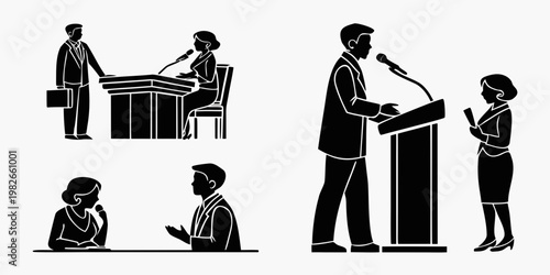 Business professional silhouettes at lecterns and desks including presentations and client meetings with business silhouette presentation microphone professional corporate executive