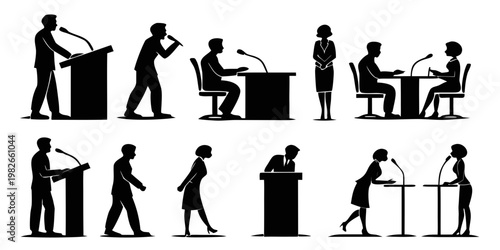 Public speaker and business meeting silhouettes set featuring podium presentations and discussions silhouette business microphone presentation discussion conference professional dialogue
