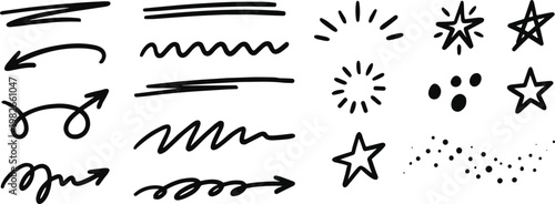 Collection of hand drawn scribble elements lines curves stars and splatters for creative design projects