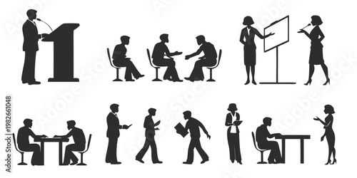 Professional business silhouettes group discussion and presentation with silhouette business presentation discussion corporate communication colleagues workplace speaking management