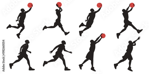 Basketball player black silhouettes in various action poses with red ball basketball silhouette shooting dribbling competition exercise activity training athletic movement gameplay
