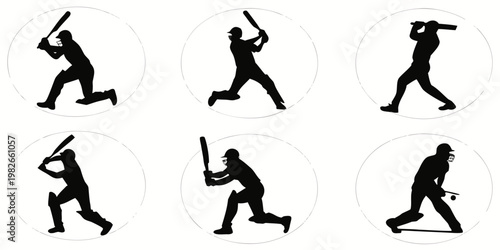 Set of cricket player silhouettes in batting action poses with silhouette cricketer baseball movement exercise athletic training equipment competition physical illustration isolated