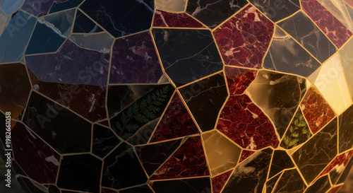 Intricate Mosaic of Polished Stone Tiles with Gold Accents