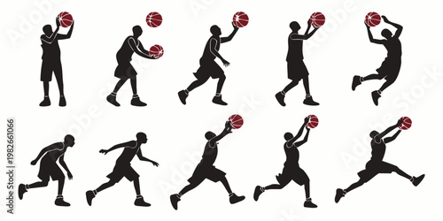 Basketball player silhouettes in various playing positions with basketball silhouette shooting dribbling competition training exercise professional isolated illustration collection