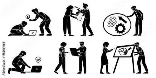 Corporate business tasks and analysis strategy icons with business analysis strategy management planning productivity presentation professional illustration development collaboration