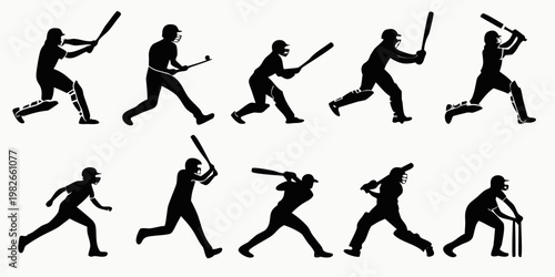 Set of cricket player silhouettes in various dynamic batting and fielding action poses with cricketer silhouette fielding competition equipment training exercise professional tournament