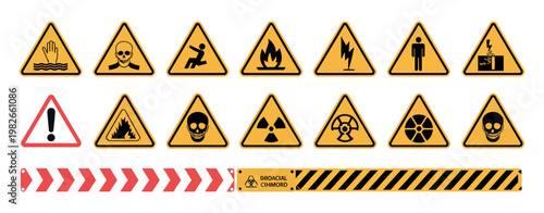 Danger symbols icons including choking drowning stealing electrocution gas hazard warning signs safety alert pictograms vector illustration