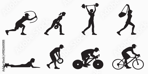 Collection of fitness exercise silhouettes featuring weightlifting cycling and athletic movements silhouette exercise weightlifting training bodybuilding strength physical activity