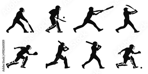 Collection of black cricket player silhouettes showing batting and fielding action stances with silhouette fielding cricketer training exercise competitive physical movement tournament