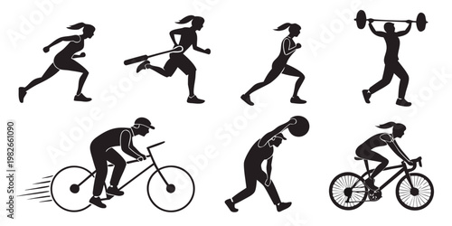 Graphic set of athletic exercise silhouettes featuring running cycling and weightlifting silhouette exercise weightlifting training physical bodybuilding strength activity movement