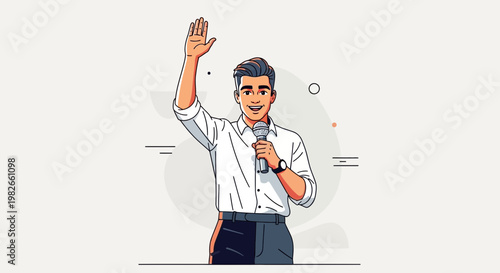 Confident Speaker Holding Microphone, Waving Hand, Engaging Audience in Presentation