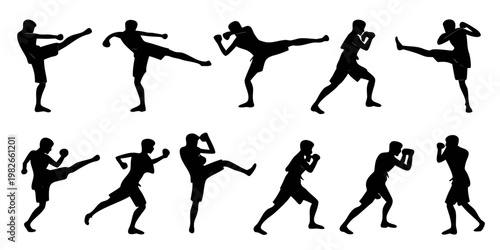 Set of martial arts fighter silhouettes performing kicks and fighting stances with silhouette kickboxing movement training exercise physical strength takedown background isolated