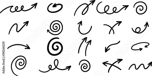 Collection of hand drawn black and white arrows spirals and scribble like shapes on a white background