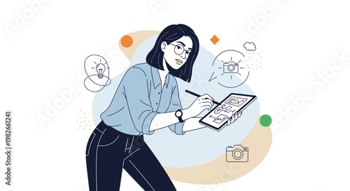 Creative designer working on tablet, idea generation, digital art, illustration, modern workspace