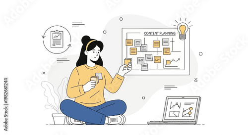 Content planning strategy, woman organizing ideas on a board with sticky notes and laptop