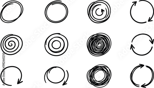 Collection of hand drawn circular arrows and spirals in black and white illustrating movement and rotation concepts