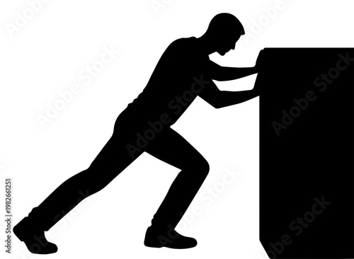 Silhouette of a man pushing a heavy block with effort and strength
