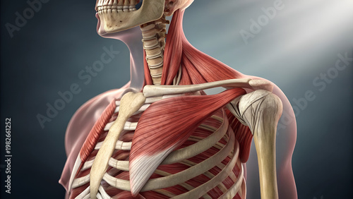 3D anatomy illustration of human shoulder anatomy with muscles and skeleton