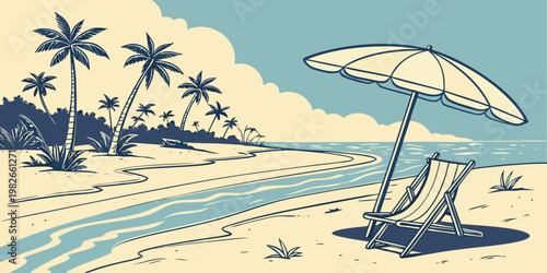 Illustrated tropical beach scene featuring palm trees and beach chair tropical vacation landscape umbrella coastline paradise tranquil seascape relaxation peaceful maritime