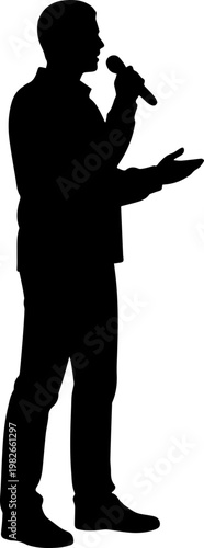Black Silhouette of a Man Holding a Microphone Speaking or Singing Vector Illustration