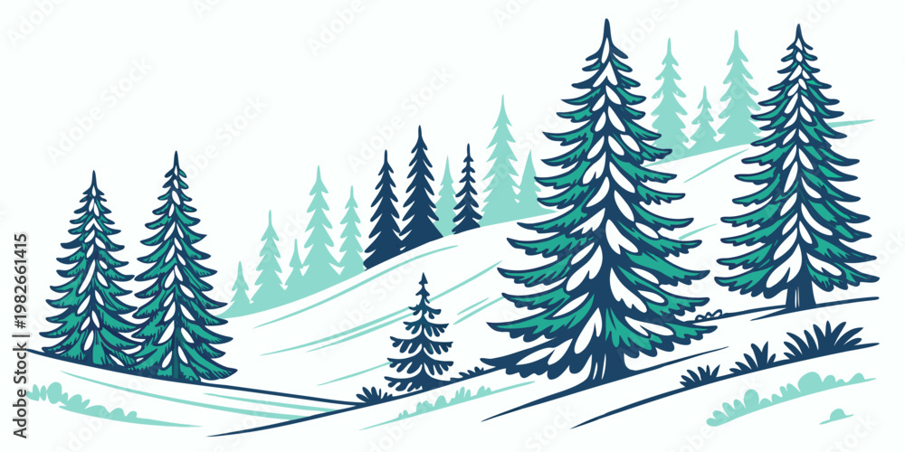 Fototapeta premium Winter forest landscape with snow covered pine trees and gentle rolling snowy hills graphic landscape evergreen wilderness outdoors seasonal illustration minimalist serenity peaceful