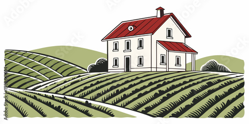 Illustration of a farmhouse on a hill overlooking rolling green farmland fields with farmhouse landscape agriculture countryside building illustration environment cultivation property