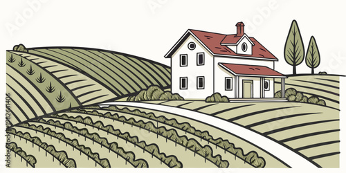 Vector illustration of a vineyard farmhouse landscape with rolling hills vineyard farmhouse landscape agriculture countryside building illustration cultivation property cultivated