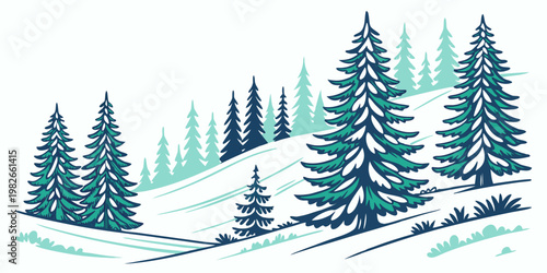 Winter forest landscape with snow covered pine trees and gentle rolling snowy hills graphic landscape evergreen wilderness outdoors seasonal illustration minimalist serenity peaceful