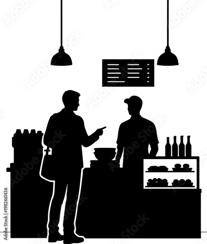 Silhouette of a Customer Ordering Food at a Cafe Counter with a Cashier Vector Illustration