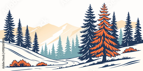 Mountainous winter landscape with coniferous pine trees and orange bushes graphic mountain landscape wilderness outdoors illustration colorful evergreen coniferous seasonal adventure