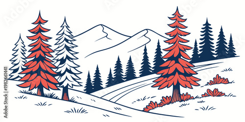 Graphic illustration of pine forest with mountain background in line art style mountain landscape illustration wilderness coniferous mountains outdoors environment adventure evergreen