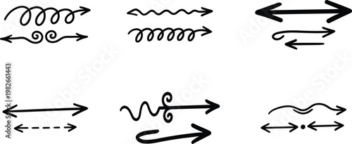 Collection of black and white hand drawn arrow and wave style line art illustrations