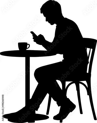 Silhouette of a man sitting at a cafe table using a smartphone with a coffee cup