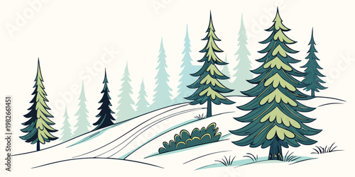 Stylized vector illustration of coniferous forest landscape in nature with landscape evergreen woodland illustration coniferous environment outdoors wilderness