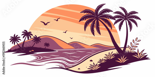 Sunset beach scene with palm trees and rolling coastal mountains graphic tropical landscape mountains vacation paradise background illustration relaxing coastline shoreline peaceful