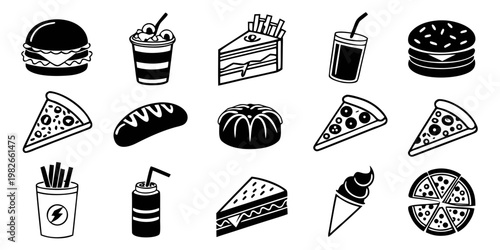 Black and white vector icon set of fast food items including burger pizza fries and drinks with fastfood junkfood sandwich icecream restaurant collection silhouette unhealthy delicious