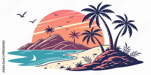 Tropical beach sunset scene with palm trees and coastal mountains tropical landscape mountains vacation paradise background illustration relaxing coastline shoreline environment