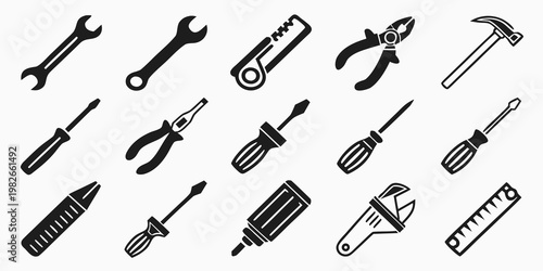Assorted hand tool icons set featuring wrenches pliers screwdrivers and hammer construction equipment hardware maintenance screwdriver industry mechanic carpentry professional isolated