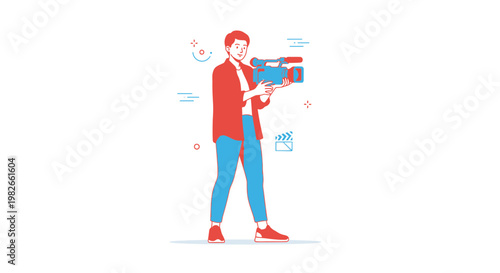 Filmmaker holding professional video camera, flat illustration, filmmaking concept