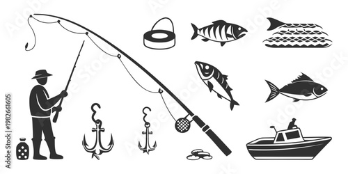 Set of fishing icons featuring a fisherman boat anchor fish rod gear fisherman equipment activity recreation illustration collection silhouette professional maritime wildlife vacation
