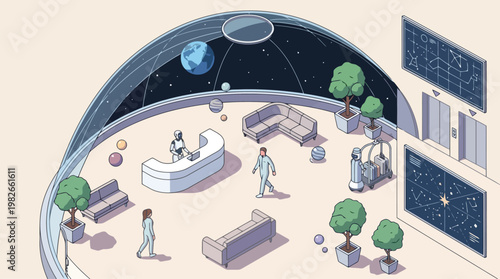 Astronauts Exploring a Modern Space Station Interior Laboratory.