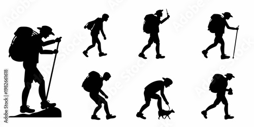 Set of black silhouettes representing hikers and people trekking with backpacks in various poses trekking backpack silhouette adventure activity mountain climbing recreation backpacker
