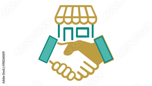 Vector illustration of a retail business partnership icon featuring a handshake and storefront shop building, symbolizing a franchise agreement, commercial deal, merger, or business acquisition.