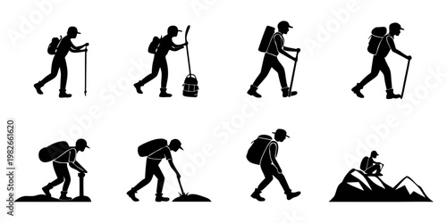 Collection of hiker silhouette icons with backpacks and walking sticks in various activities silhouette trekking backpack adventure mountain activity backpacker exercise vacation