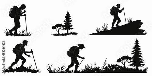 Set of black silhouettes of hikers with backpacks trekking in nature with pine trees silhouette trekking backpack adventure mountain climbing vacation backpacking exercise randonnee