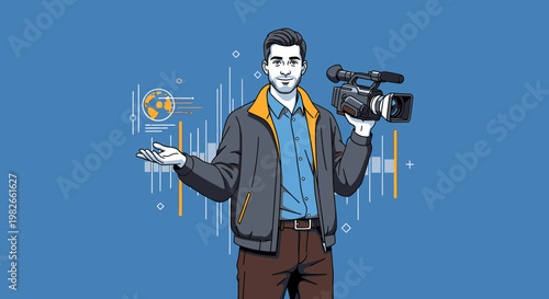 Filmmaker with Camera and Global Data Visualization